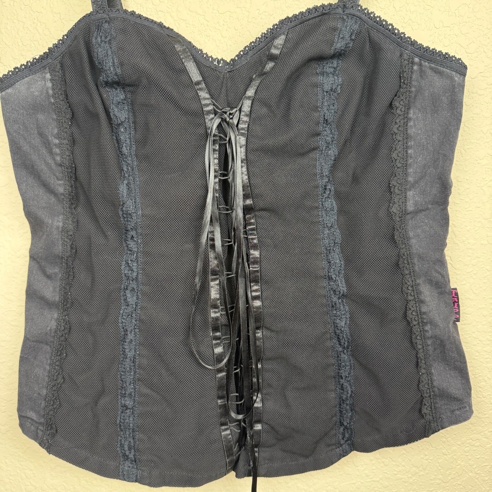 Vtg Tripp NYC Daang Goodman Mesh Lace Up Denim Corset Gothic Grunge Emo Sz 1X